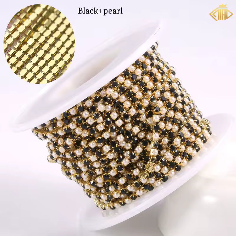 Black, Pearl & Stone Rhinestones with Copper – 18K Yellow Gold Plated Chain Banding
