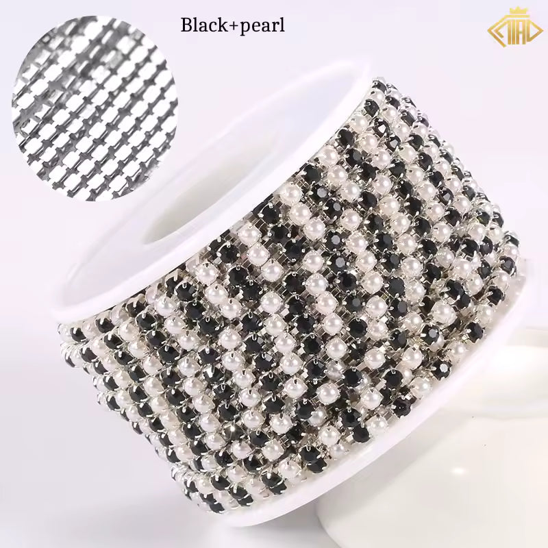 Black, Pearl & Stone Rhinestones with Copper – 18K White Gold Plated Chain Banding