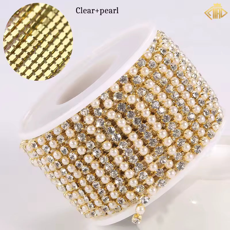 Clear, Pearl & Stone Rhinestones with Copper – 18K Yellow Gold Plated Chain Banding