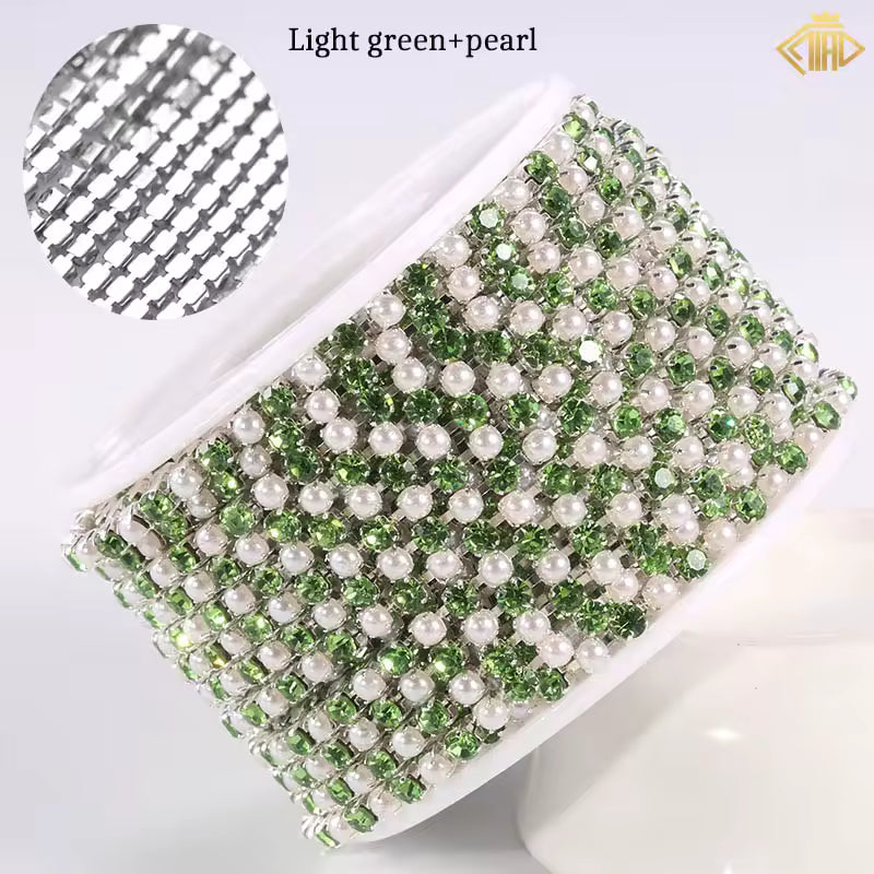 Light Green, Pearl & Stone Rhinestones with Copper – 18K White Gold Plated Chain Banding