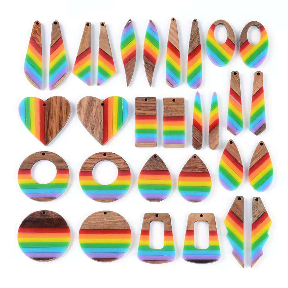 Rainbow Resin Wood Pendant Set (Sold as a pair)