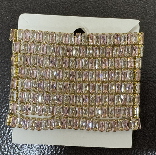 Clear Pink Zirconia Banding Baguette Cubic - 18k Yellow Gold Plated