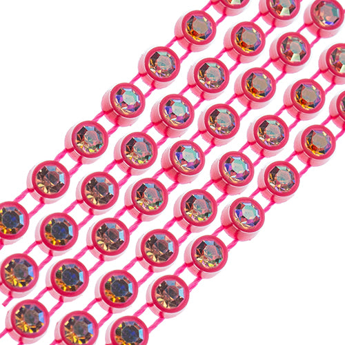 Hot pink Casing/ Crystal AB, Rhinestone Banding 1yd 1row (ss12)