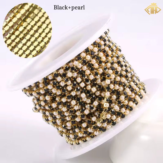 Black, Pearl & Stone Rhinestones with Copper – 18K Yellow Gold Plated Chain Banding
