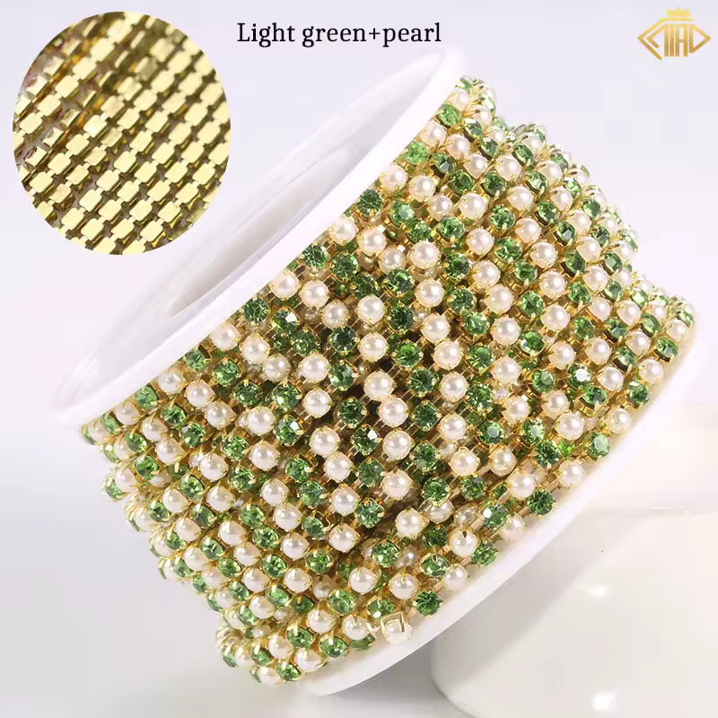 Light Green, Pearl & Stone Rhinestones with Copper – 18K Yellow Gold Plated Chain Banding