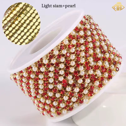 Light Siam, Pearl & Stone Rhinestones with Copper – 18K Yellow Gold Plated Chain Banding